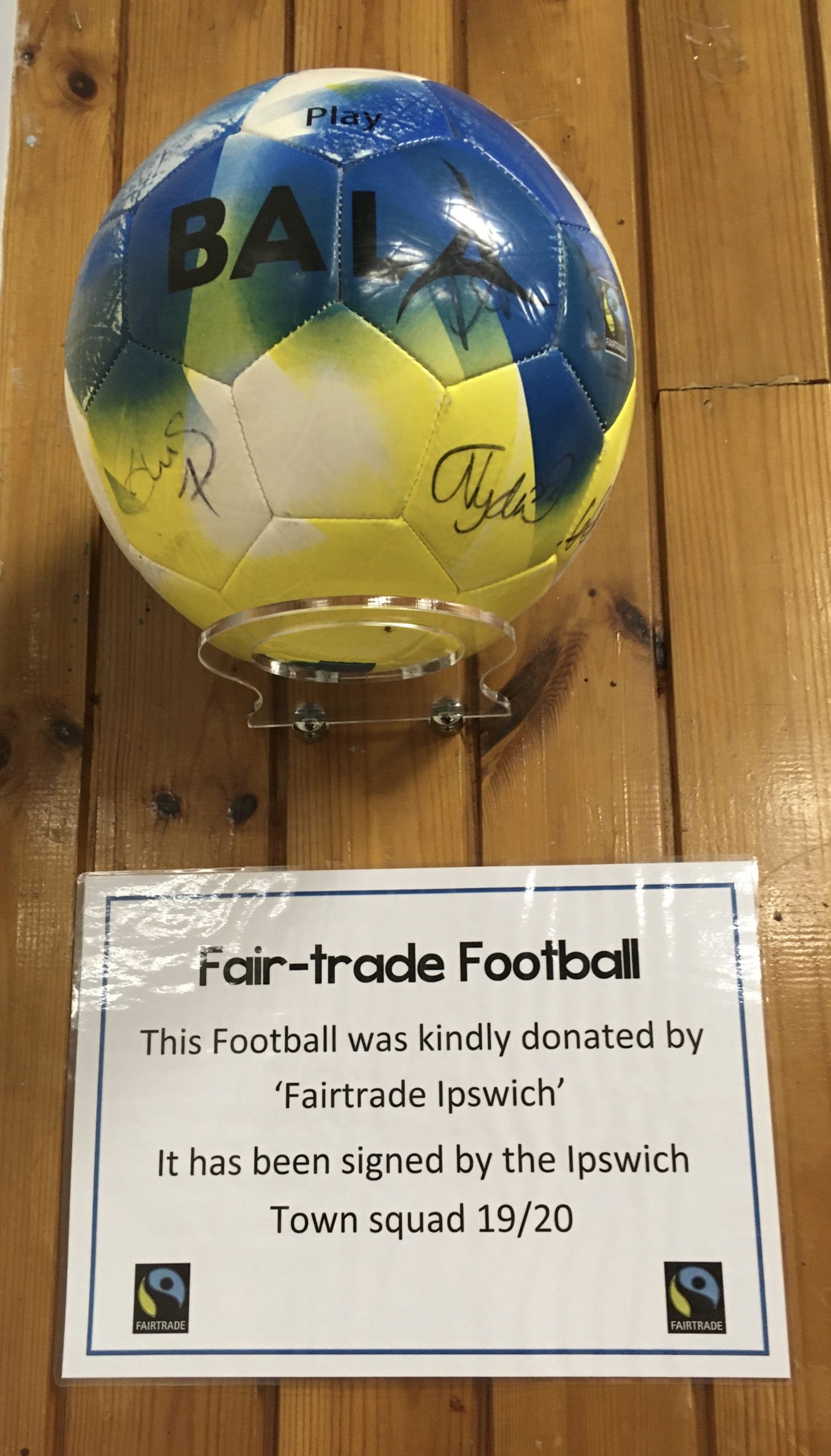 Here’s a signed football from Ipswich Town Football club and presented to Saint Matthew’s School.
